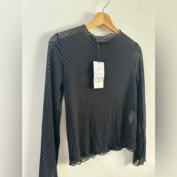 Zara Black Sheer Polka Dot Blouse with Lettuce Hem - Picture 1 of 5